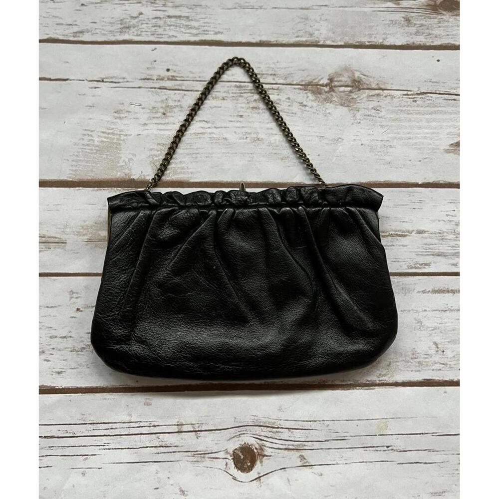 VTG Joseph‎ Magnin Thick Black Leather Ruffled Short Chain w/ Snap Lever Closure